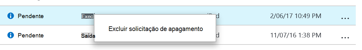 Captura de ecrã da lista de pedidos de eliminação no painel Eliminação seletiva de aplicações