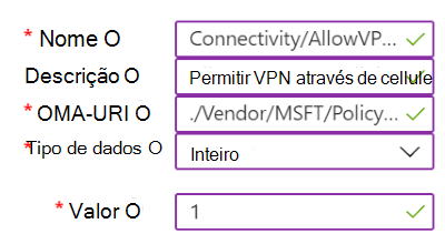 Captura de ecrã a mostrar um exemplo de uma política personalizada que contém definições de VPN no Microsoft Intune.