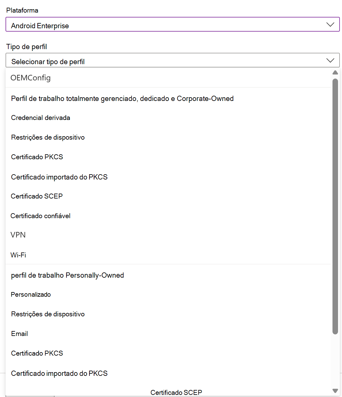 Captura de ecrã que mostra como criar uma política e perfil de configuração de dispositivos iOS/iPadOS no Microsoft Intune.