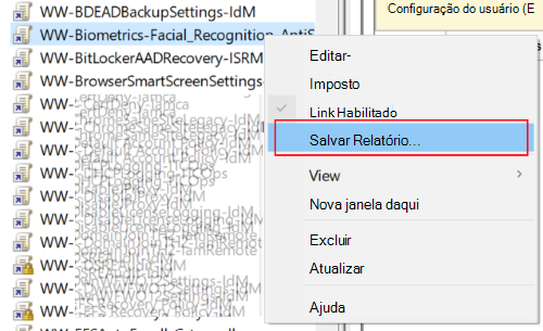 Captura de ecrã que mostra como abrir Política de Grupo gestão e guardar um GPO como um relatório de ficheiro XML.