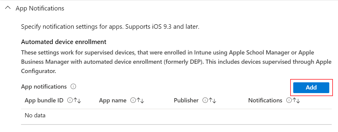 Adicionar notificação de aplicação no perfil de configuração de funcionalidades de dispositivos iOS/iPadOS no Microsoft Intune