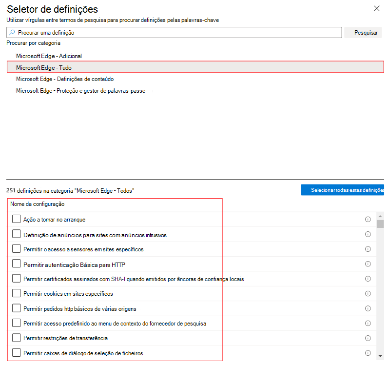 Captura de ecrã que mostra o Catálogo de Definições quando seleciona macOS e seleciona uma funcionalidade ou categoria no Centro de administração do Microsoft Intune e do Intune.