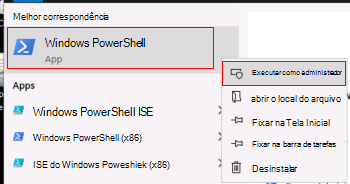 Screenshot that shows how to run Windows PowerShell as an administrator.