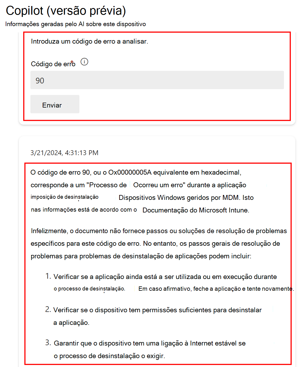 Captura de ecrã que mostra a funcionalidade Analisar um código de erro no Copilot depois de selecionar um dispositivo no Microsoft Intune ou Intune centro de administração.