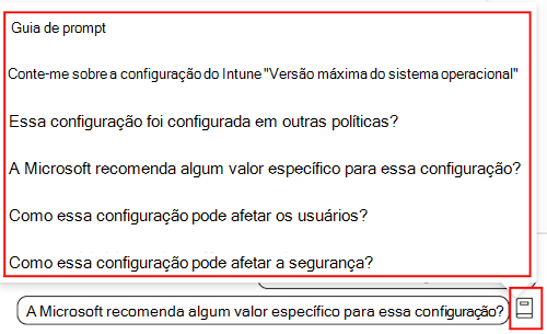 Captura de tela que mostra o guia de solicitação do Copilot quando você adiciona uma configuração em uma política de conformidade no Microsoft Intune e no centro de administração do Intune.