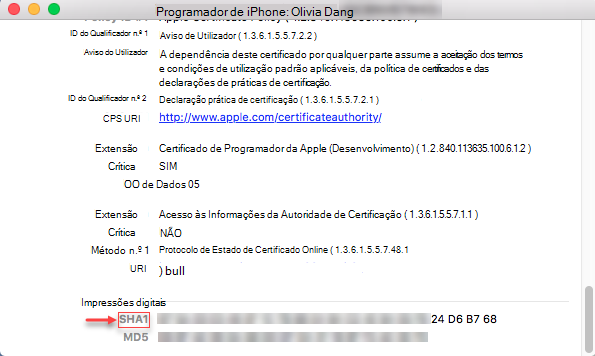 Informações do iPhone - Cadeia SHA1 de impressões digitais