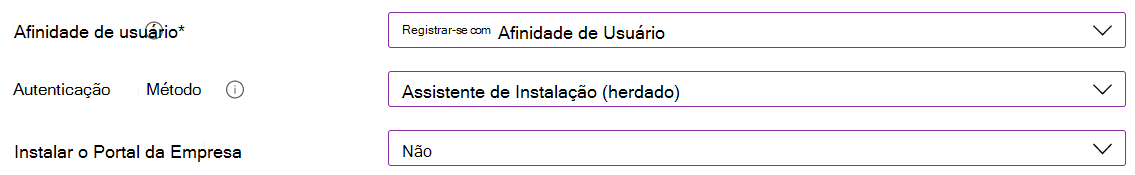 No Intune centro de administração e Microsoft Intune, inscreva dispositivos iOS/iPadOS com a inscrição automatizada de dispositivos (ADE). Selecione Inscrever com afinidade de utilizador, utilize o Assistente de Configuração para autenticação e não instale a aplicação Portal da Empresa.