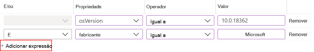 Captura de ecrã que mostra como utilizar o construtor de regras no Microsoft Intune para criar um filtro de expressão e atribuir às suas políticas.