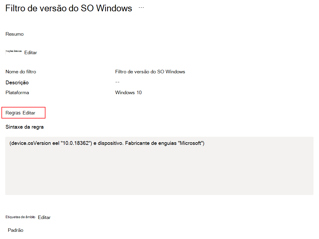 Captura de ecrã que mostra como alterar ou atualizar um filtro existente no Microsoft Intune.