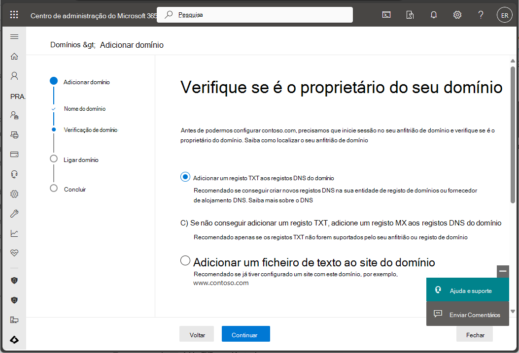 Captura de tela do Centro de administração do Microsoft 365 – Verificar domínio