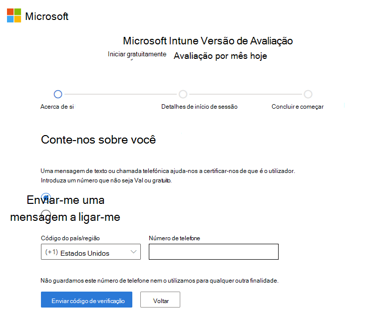 Captura de tela da página Configurar conta do Microsoft Intune – Enviar código de verificação