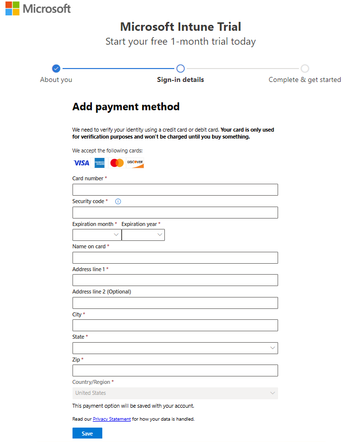 Captura de ecrã a mostrar a página configurar Microsoft Intune conta – Adicionar método de pagamento