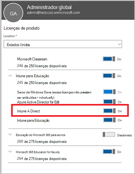 Captura de tela da configuração da licença do produto