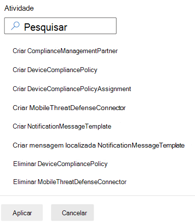 Filtre os registos de auditoria por categoria de conformidade e selecione uma atividade no Microsoft Intune e no centro de administração do Intune.