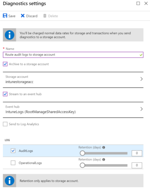 Captura de ecrã que mostra como enviar Microsoft Intune registos de auditoria para uma conta de Armazenamento do Azure.