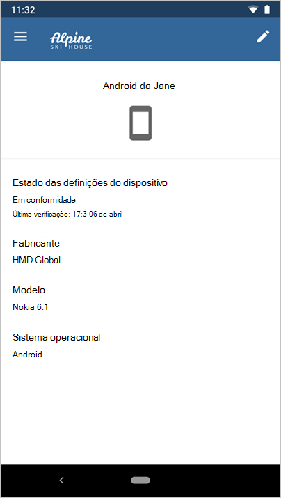 captura de tela do aplicativo do Microsoft Intune mostrando detalhes de dispositivo para o Android da Jane.