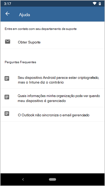 Captura de tela do aplicativo do Microsoft Intune, tela Ajuda.