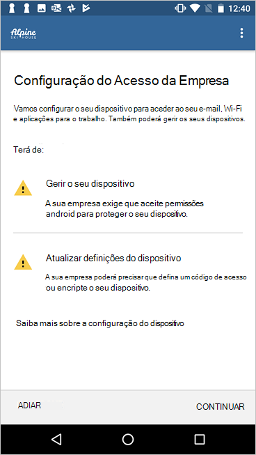 Imagem de exemplo da configuração do administrador de dispositivos Android no Portal da Empresa, mostrando uma lista de verificação com mais detalhes.