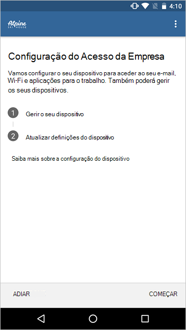 Imagem de exemplo da configuração do administrador de dispositivos Android no Portal da Empresa, mostrando a lista de verificação simplificada e os novos ícones.