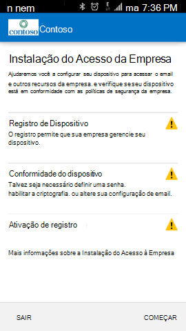 A captura de tela mostra o aplicativo Portal da Empresa para Android antes da atualização, tela Ativação de email de acesso condicional.