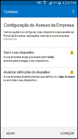 A captura de tela mostra o aplicativo Portal da Empresa para Android antes da atualização, tela de Configuração de Acesso da Empresa.