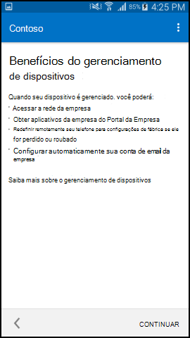 A captura de tela mostra o texto do aplicativo Portal da Empresa para Android depois da atualização, tela Benefícios do gerenciamento de dispositivo.