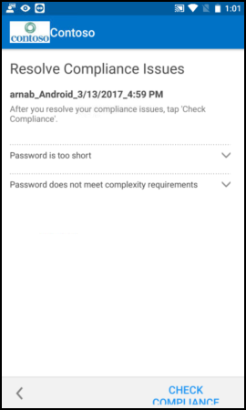 A captura de tela mostra o texto do aplicativo Portal da Empresa para Android antes da atualização, tela Resolver Problemas de Conformidade.