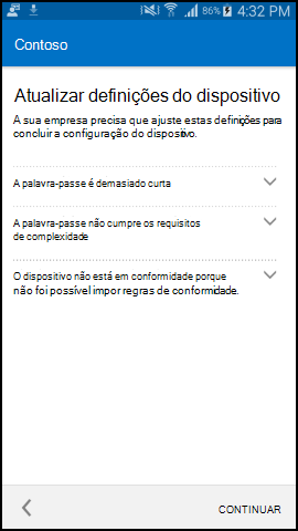 A captura de tela mostra o texto do aplicativo Portal da Empresa para Android depois da atualização, tela Atualizar configurações do dispositivo.