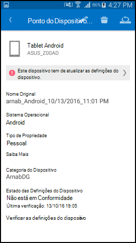 A captura de tela mostra o texto do aplicativo Portal da Empresa para Android depois da atualização, tela Detalhes do Dispositivo.