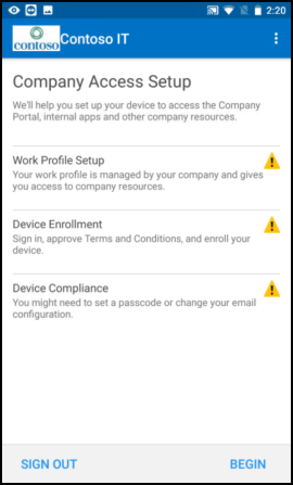 A captura de tela mostra o texto do aplicativo Portal da Empresa para Android antes da atualização, tela de Configuração de Acesso da Empresa com a Configuração de Perfil de Trabalho.