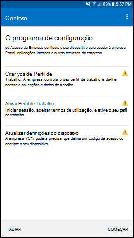 A captura de tela mostra o texto do aplicativo Portal da Empresa para Android depois da atualização, tela de Configuração de Acesso da Empresa com a Configuração de Perfil de Trabalho.