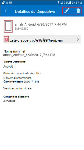 A captura de tela mostra o aplicativo Portal da Empresa para Android, tela Detalhes do Dispositivo.