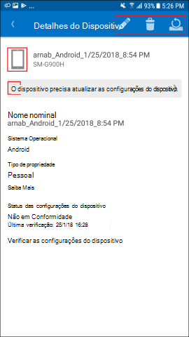 A captura de tela mostra o aplicativo Portal da Empresa para Android, tela Detalhes do Dispositivo com opção de atualização.