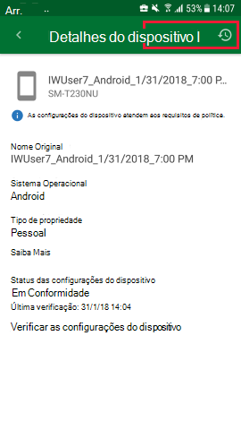 A captura de tela mostra o aplicativo Portal da Empresa para Android, tela Detalhes do Dispositivo com opção de atualização, atualizada.