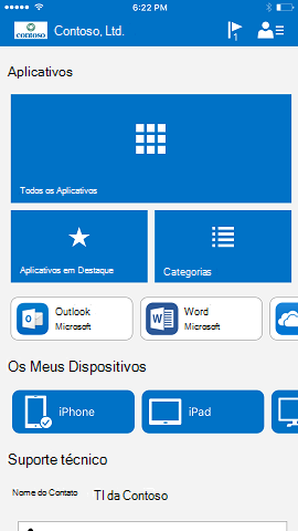 Uma imagem do aplicativo do Portal da Empresa para iOS após a atualização, que agora reflete a capacidade de selecionar as cores relevantes para sua organização.