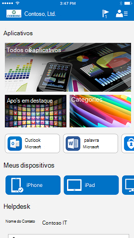 Uma imagem do aplicativo do Portal da Empresa para iOS antes da atualização, que mostrava imagens de preenchimento predefinidas para “Todos os aplicativos”, “Aplicativos em destaque” e “Categorias”.