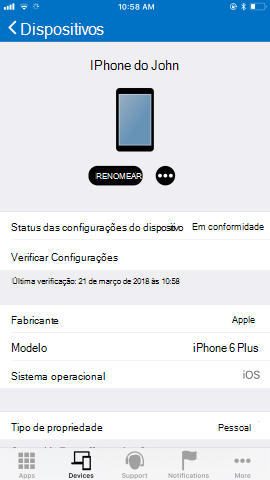 A captura de tela mostra o aplicativo Portal da Empresa para o iOS/iPadOS após a atualização, Dispositivos.