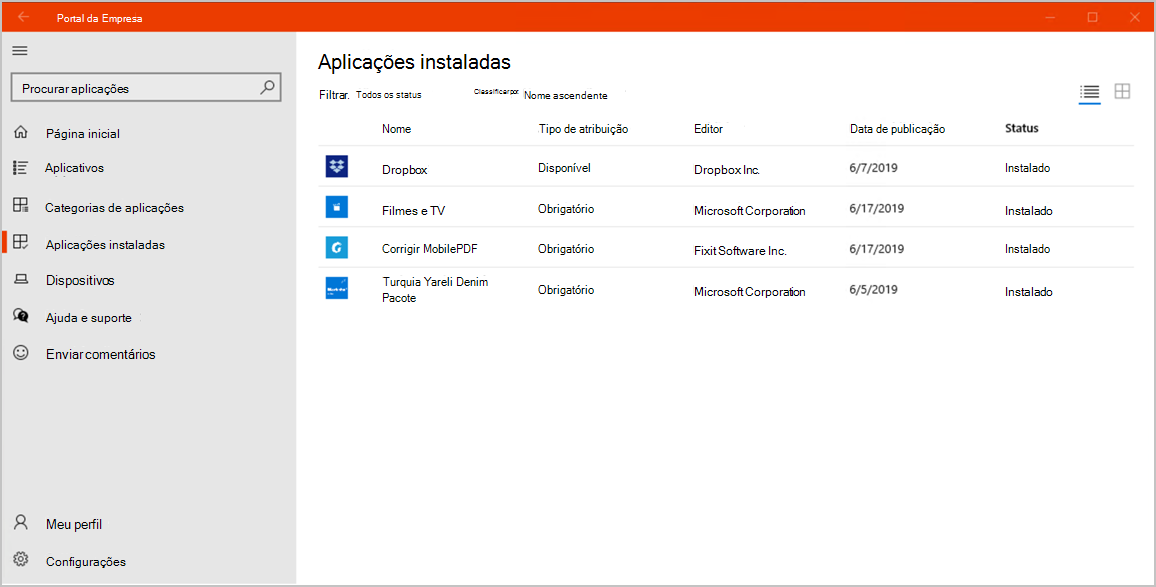 Captura de tela de exemplo do aplicativo Portal da Empresa para Windows 10, página Aplicativos instalados.