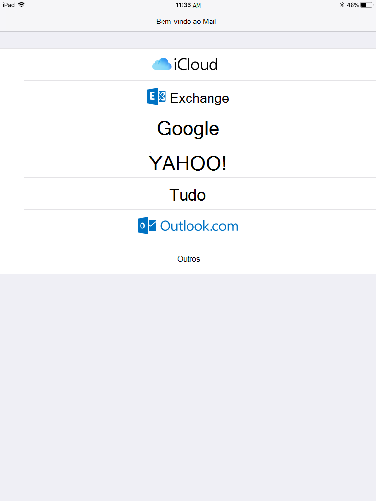 Seleção do tipo de conta no aplicativo de email nativo.