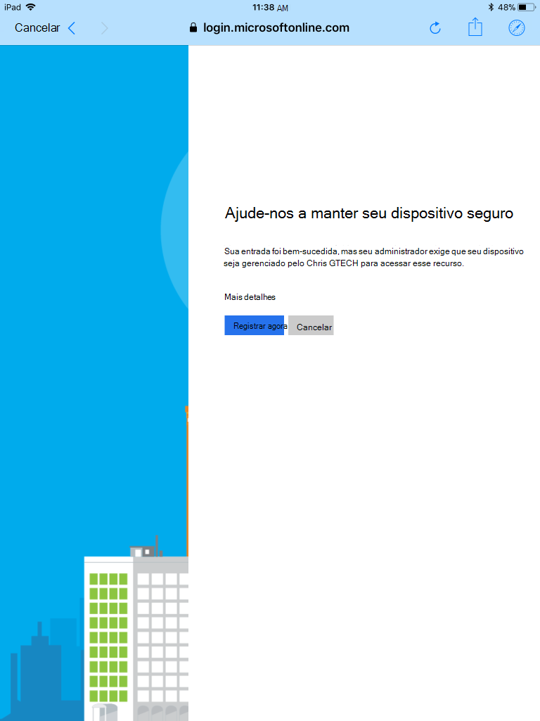 A Microsoft solicita que o usuário registre o dispositivo no gerenciamento.