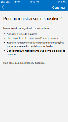 A captura de tela mostra o aplicativo Portal da Empresa para o iOS/iPadOS antes da atualização, tela Por que registrar seu dispositivo.