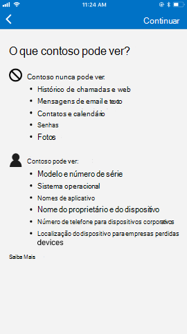 A captura de tela mostra o aplicativo Portal da Empresa para o iOS/iPadOS depois da atualização, informações de privacidade.