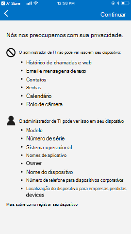 A captura de tela mostra o aplicativo Portal da Empresa para o iOS/iPadOS antes da atualização, informações de privacidade.