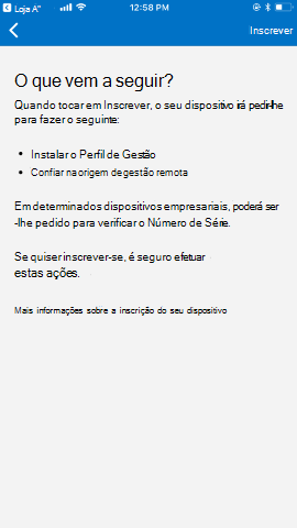 A captura de tela mostra o aplicativo Portal da Empresa para o iOS/iPadOS antes da atualização, tela O que vem a seguir.