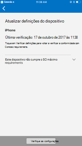 A captura de tela mostra o aplicativo Portal da Empresa para o iOS/iPadOS antes da atualização, tela Atualizar configurações do dispositivo.