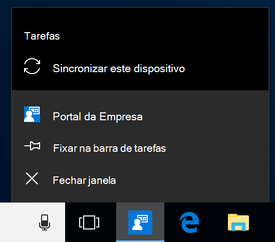 Captura de ecrã a mostrar a barra de tarefas do Windows no ambiente de trabalho de um dispositivo. Portal da Empresa ícone do programa da aplicação foi clicado para mostrar um menu com as opções 