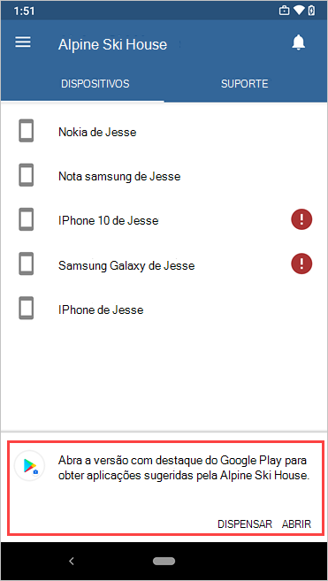 Exemplo de imagem do Portal da Empresa com o prompt da guia Dispositivos para abrir a versão com notificação do Google Play.