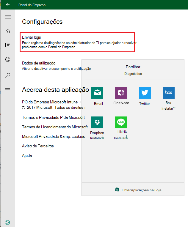 A captura de tela mostra a página Configurações no aplicativo do Portal da Empresa para Windows 10 antes da atualização.