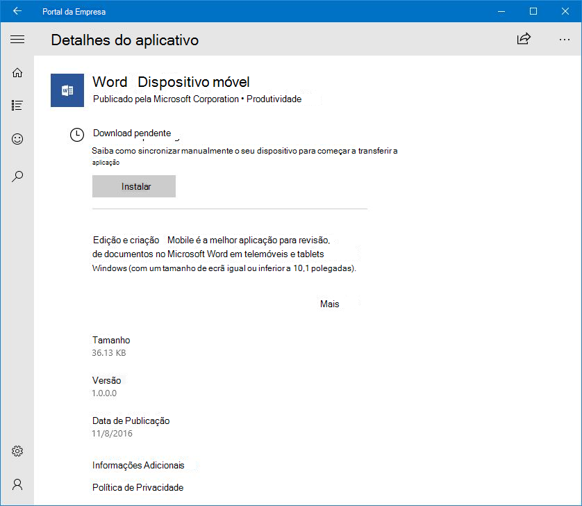 Uma imagem do aplicativo de Portal da Empresa do Windows 10, em que o download do Microsoft Word está em um estado pendente na loja de aplicativos do Portal da Empresa.