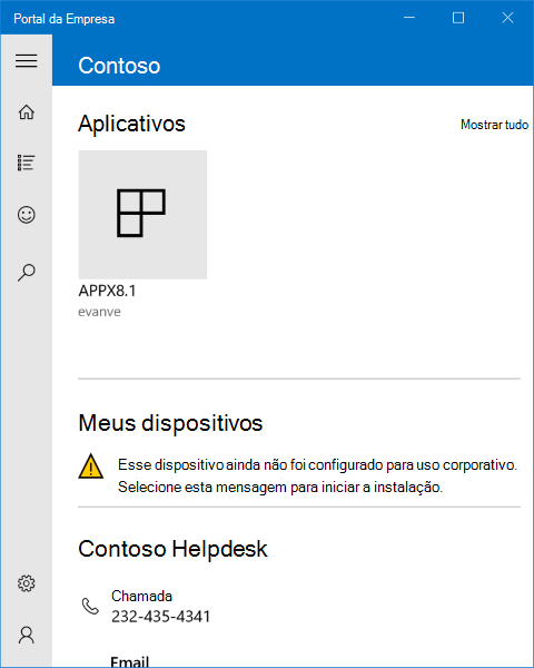 Uma imagem da página de aterrissagem do aplicativo Portal da Empresa do Windows 10, com uma mensagem de status no meio da lista de “dispositivos”, que informa ao usuário que o dispositivo usado ainda não foi configurado para uso corporativo e que o usuário deve selecionar a mensagem para iniciar a configuração.